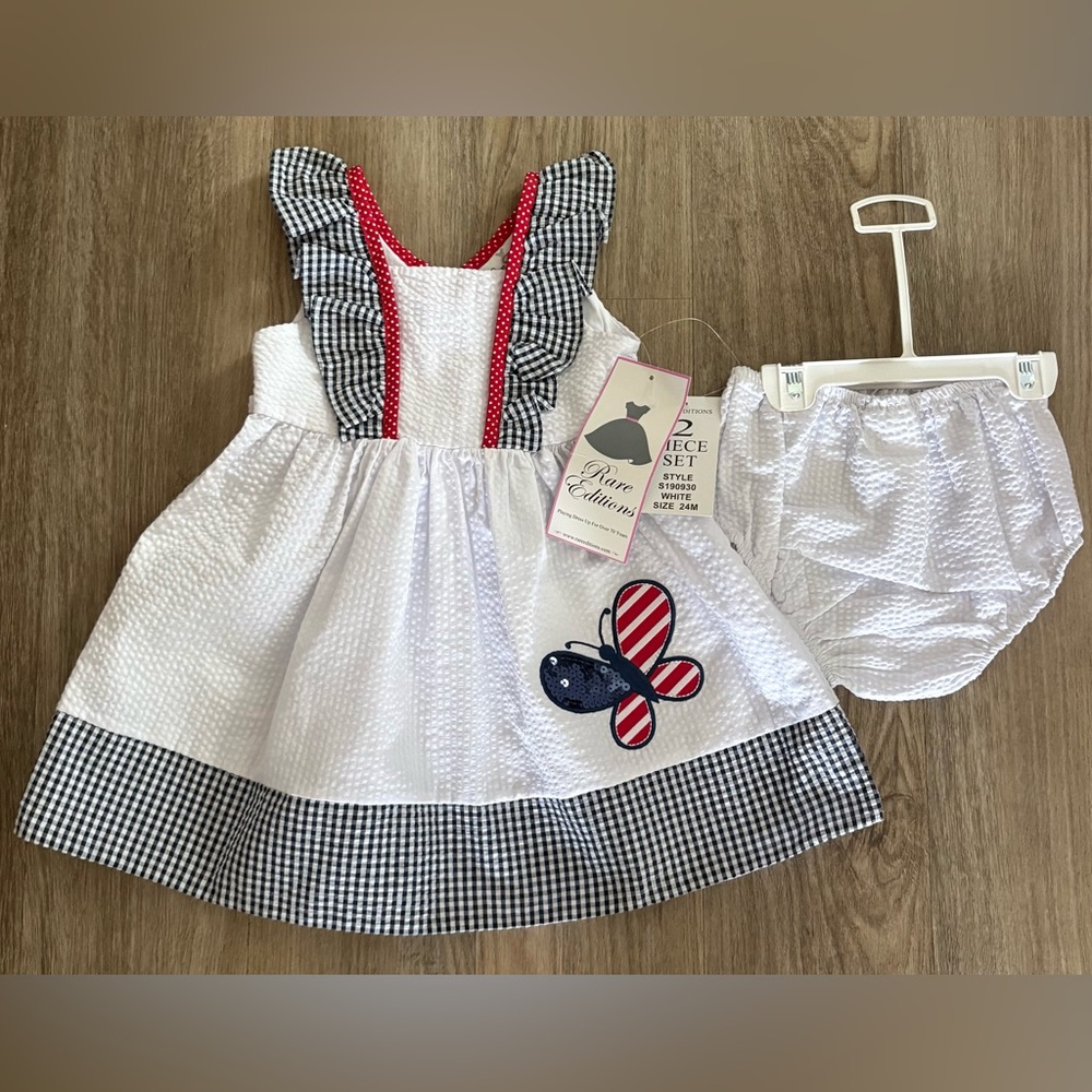 NEW! Rare Editions Seer Sucker White/Navy Butterfly Dress Set-size 24 months